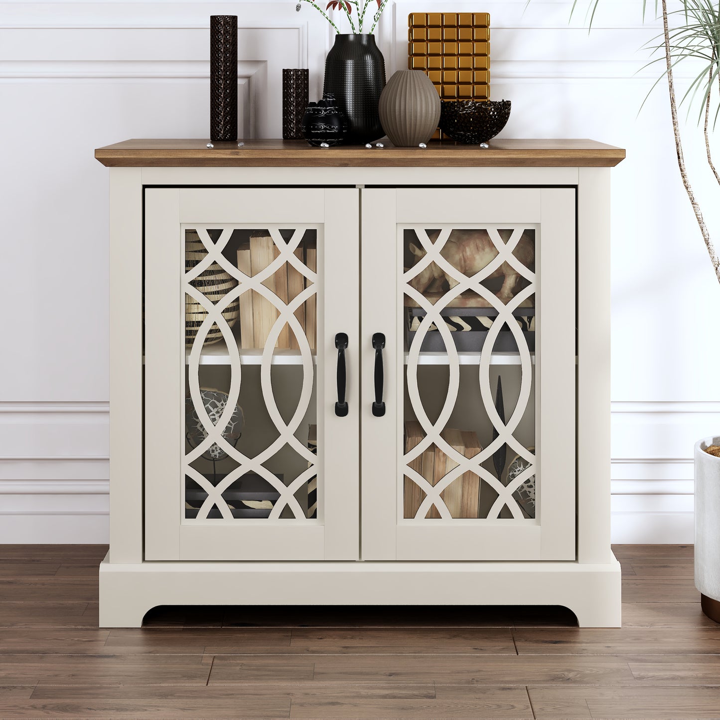 Galano 2-Door Accent Cabinet with Acrylic Panels in Ivory & Knotty Oak 32.4" W x 15.7" D x 29.3" H