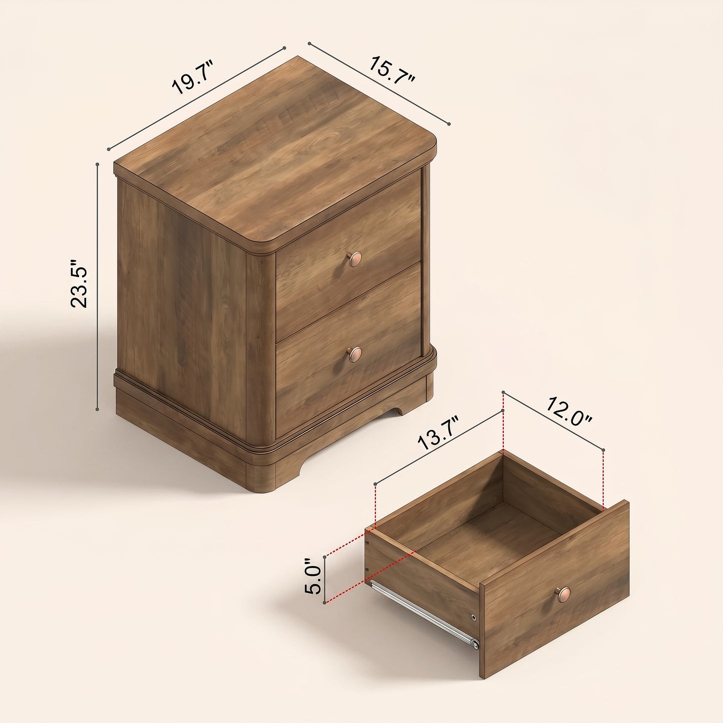 2-Drawer Nightstand Set of 2 with Sculpted Base, Knotty Oak