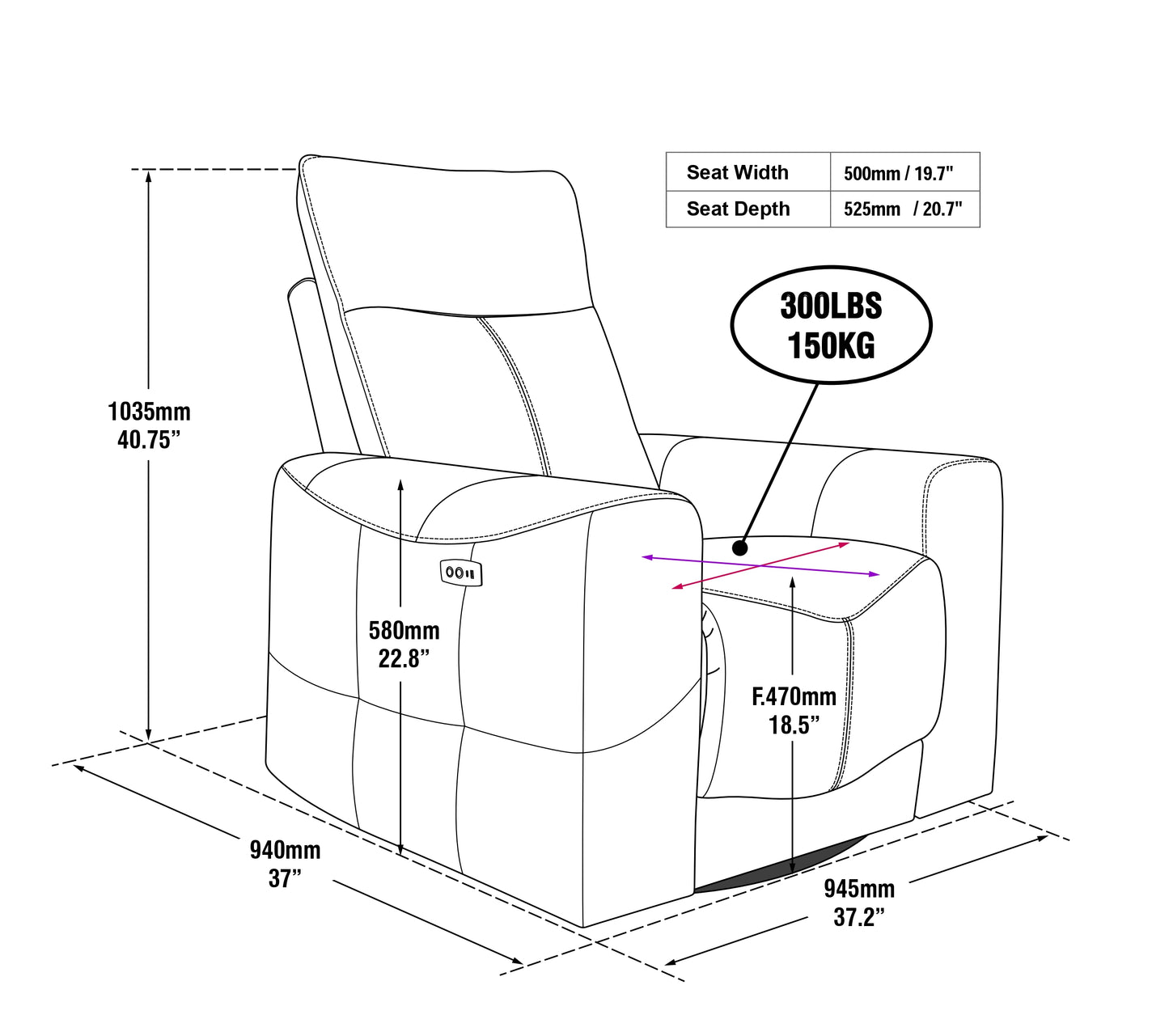 Galano Power Recliner with USB Charging 37.2" W x 37." D x 40.75" H