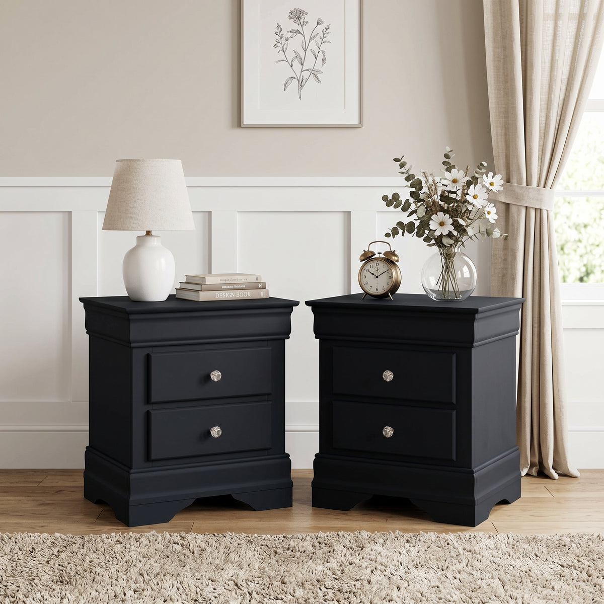 Galano Set of 2 Fully Assembled 2-Drawer Nightstand Bedside Tables with Crystal-Style Knobs