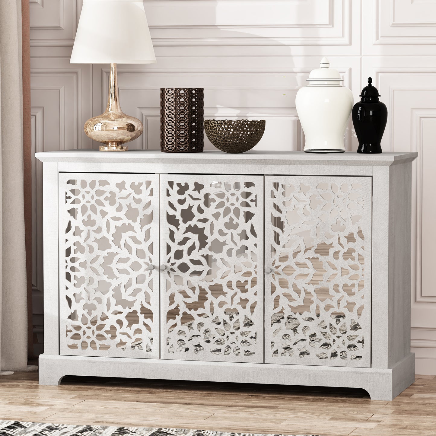 Galano 3-Door Sideboard with Mirrored Cutout Doors 45.7" W × 15.7" D × 29.3" H