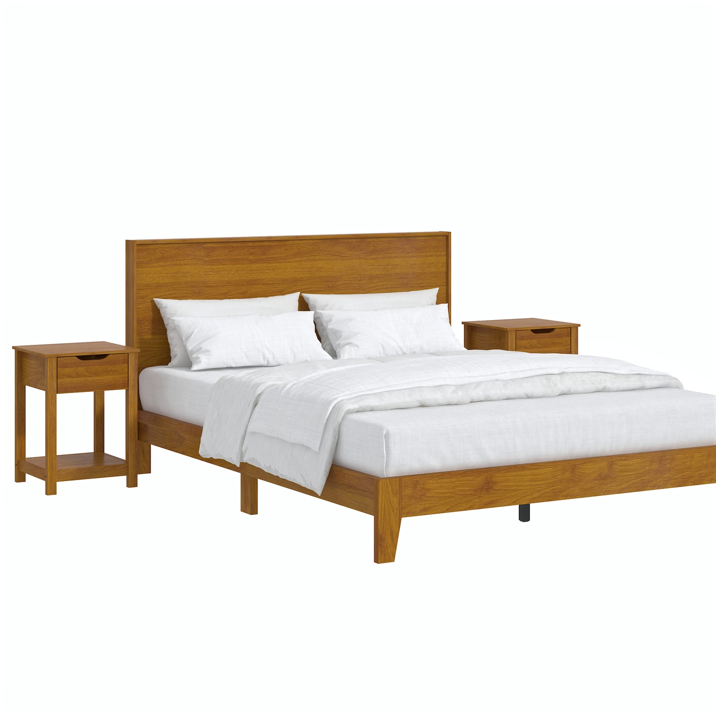 Galano Queen Payne Luxe Bed with Headboard & Elira 2-Drawer Nightstands, Set of 2 – Amber Walnut