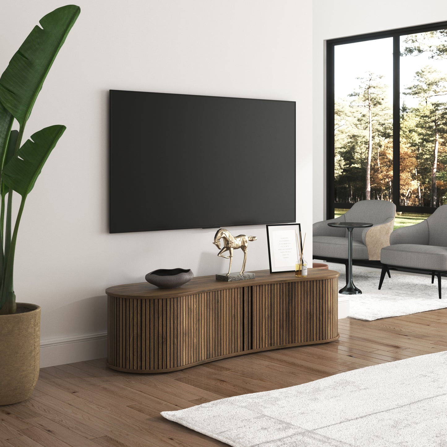 Galano Curved TV Stand with Sliding Doors, 59.1" W x 17.7" D x 14.9" H