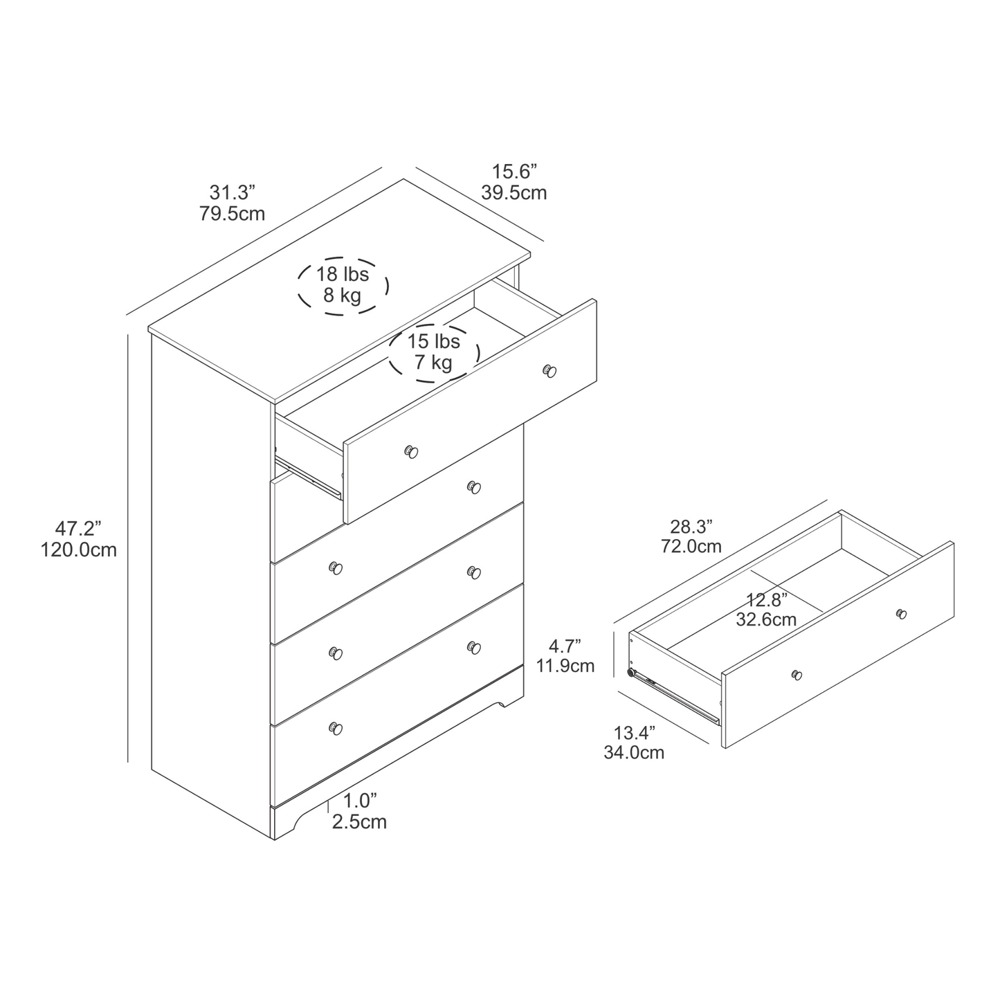 Galano 5-Drawer Dresser with Interlock Safety 31.3" W × 15.6" D × 47.2" H