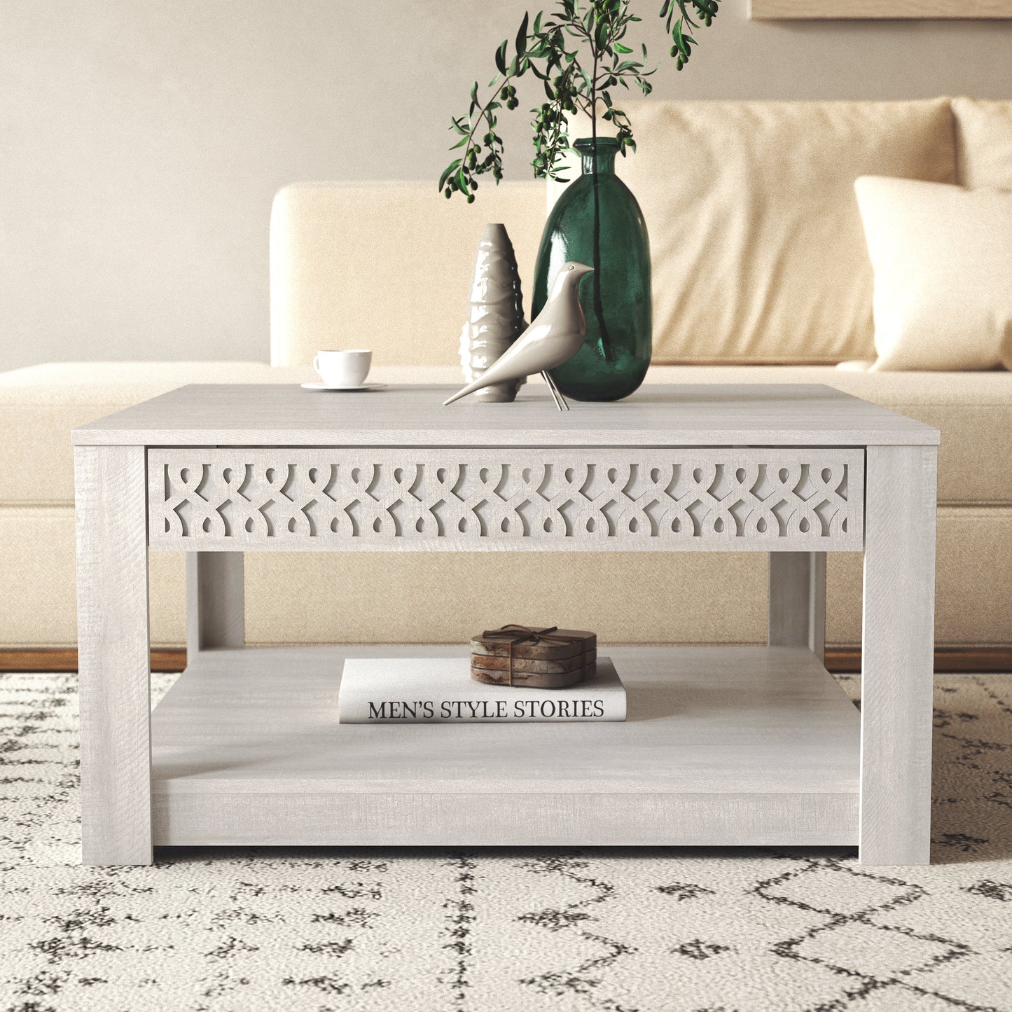 Galano Square Coffee Table with Cutout Drawer Storage 31.5" W × 31.5" D × 16.3" H