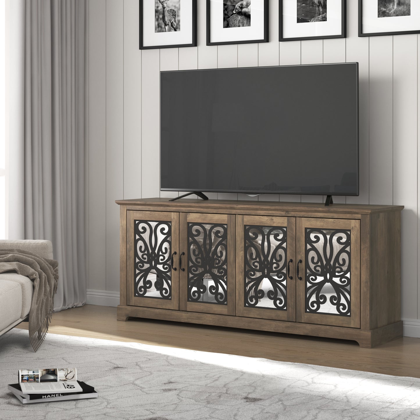 GALANO Mirrored Door TV Stand with Concealed Storage 68.2" W × 17.2" D × 29.3" H