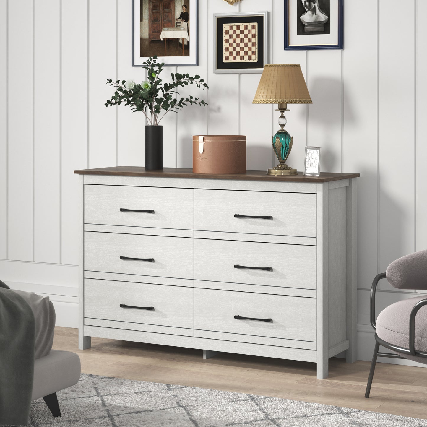 Galano 6-Drawer Dresser with Smooth-Glide Storage in Pearl White Oak 47" W