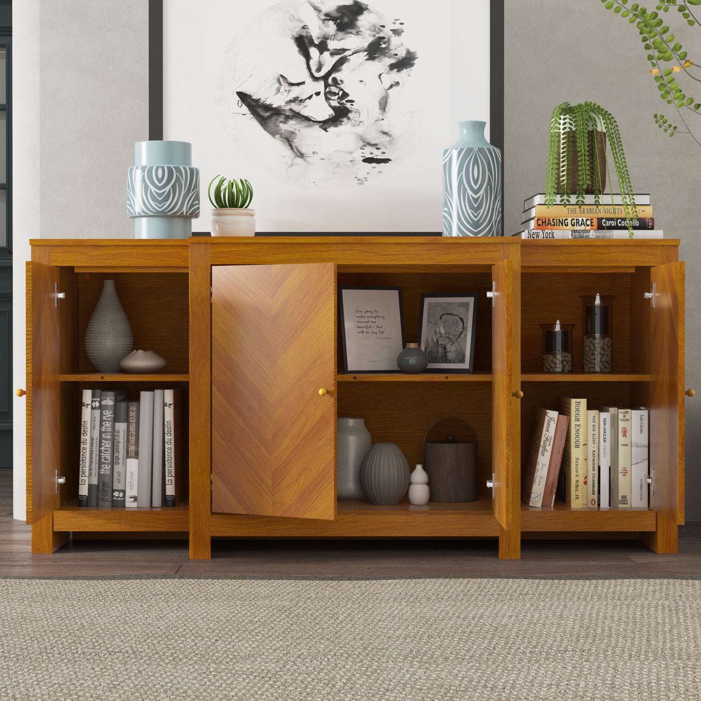 Galano 4-Door Chevron Sideboard Buffet in Amber Walnut 61.9" W × 19.6" D × 30" H
