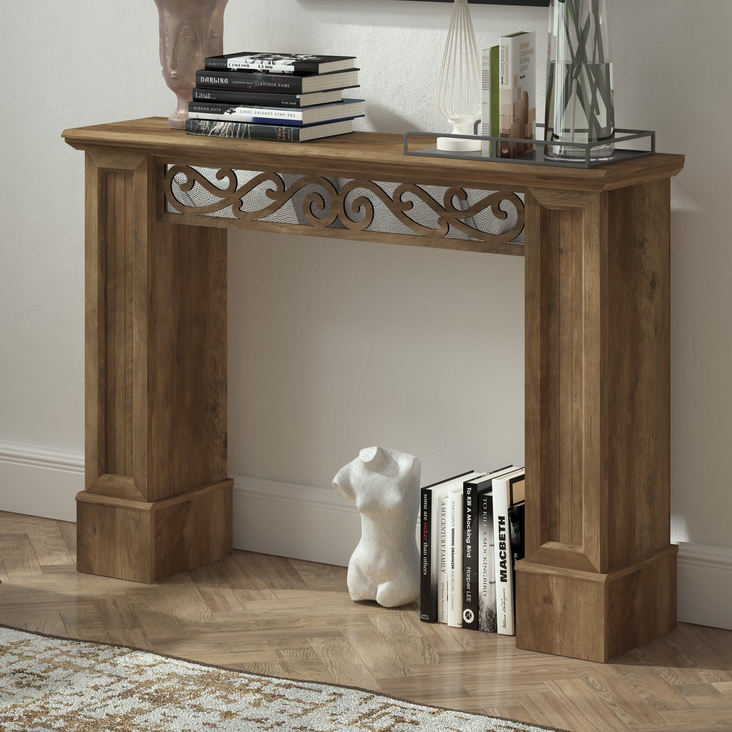 Galano Console Table with Decorative Cutout Design in Brown 46.5" W x 11.6" D x 45.9" H