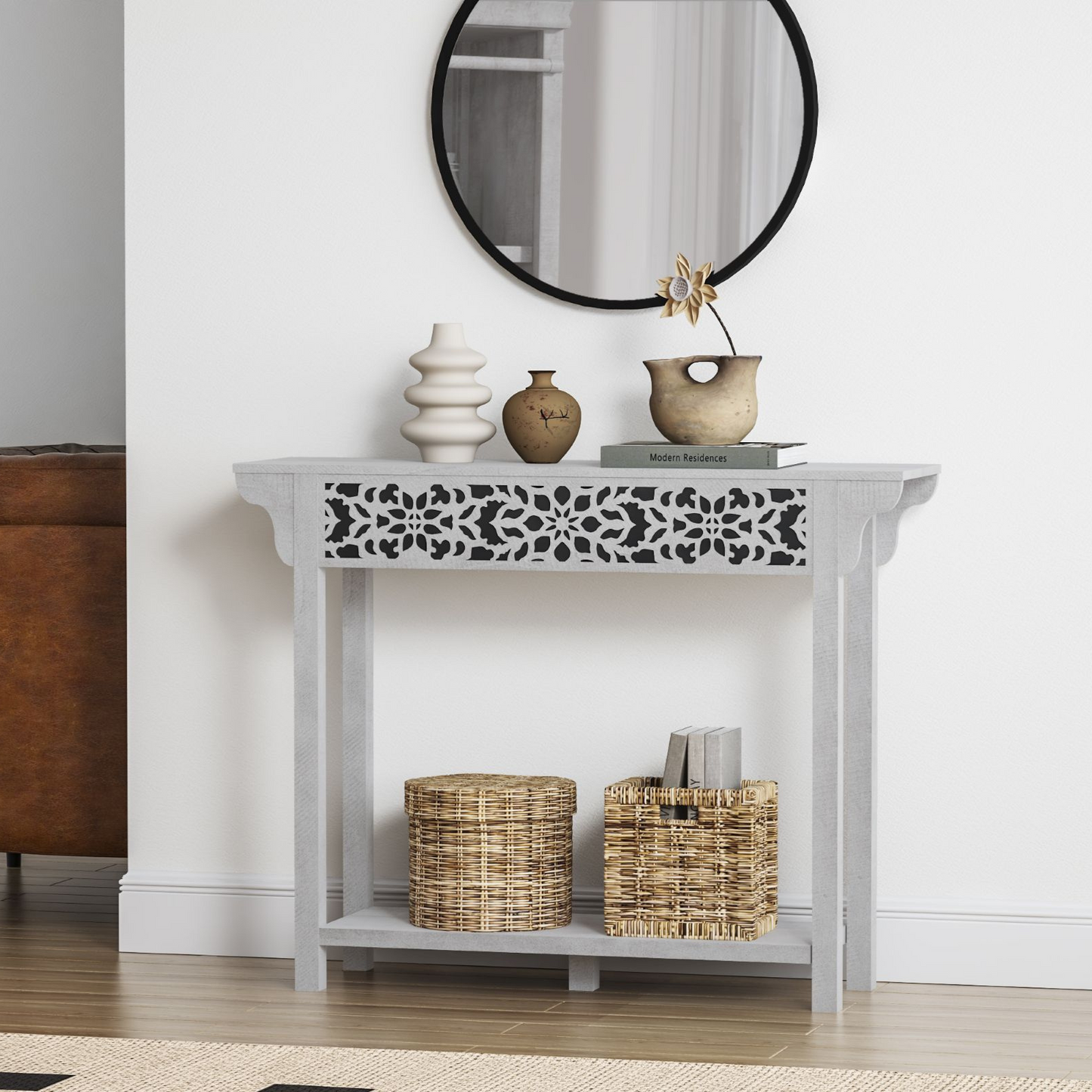 Galano Carved Wood Console Table with Bottom Shelf 43" W × 12" D × 33" H
