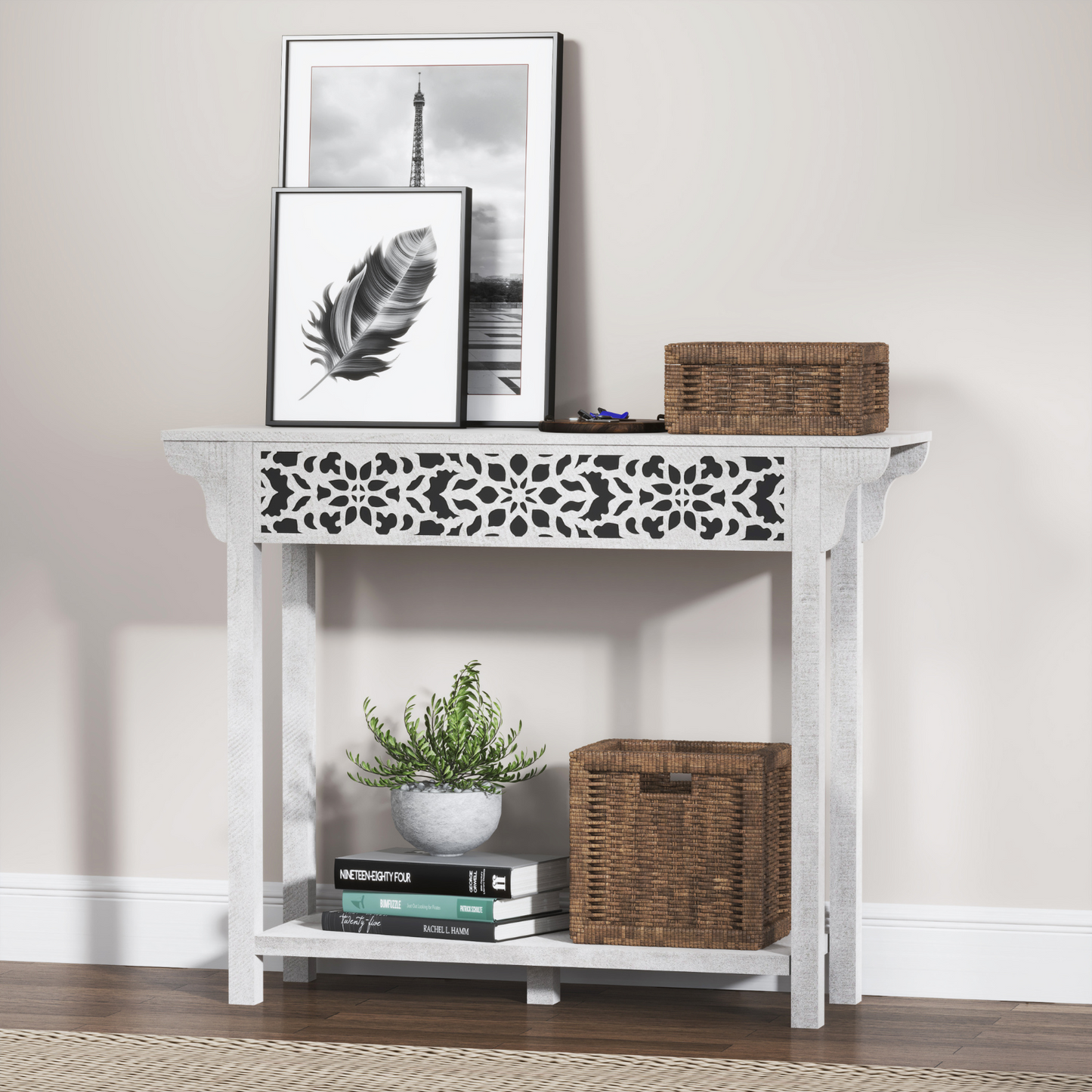 Galano Carved Wood Console Table with Bottom Shelf 43" W × 12" D × 33" H