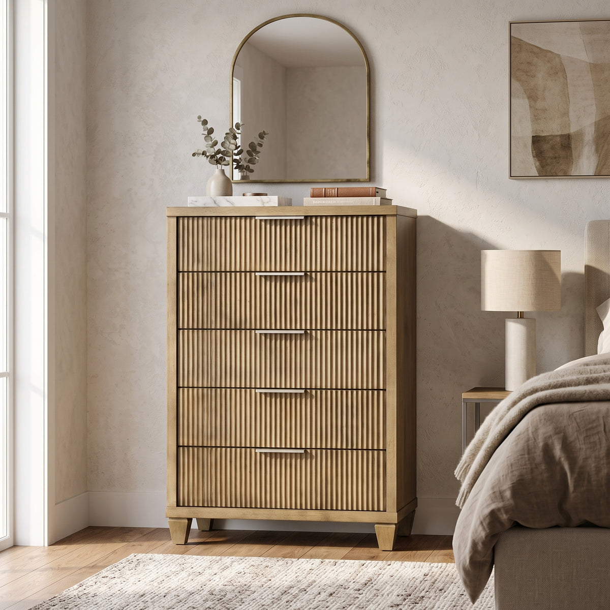 Galano 28.7" W Mid-Century Modern 5 Drawer Chest with Fluted Fronts and Interlocking Drawers
