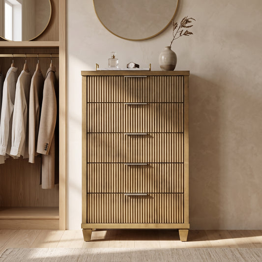 Galano 28.7" W Mid-Century Modern 5 Drawer Chest with Fluted Fronts and Interlocking Drawers