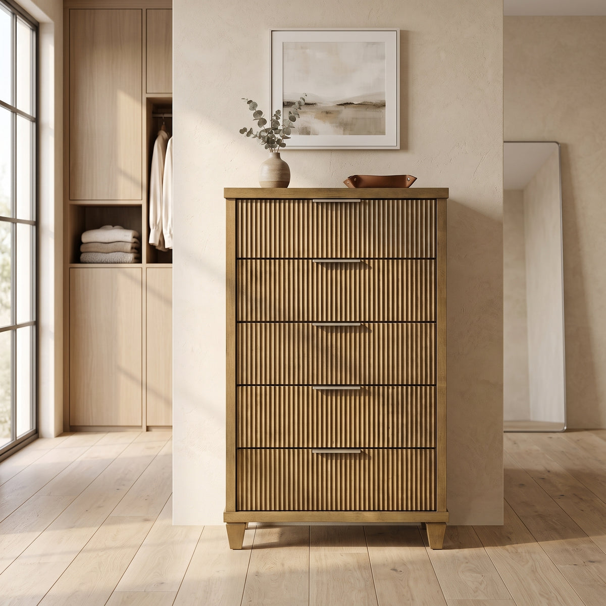 Galano 28.7" W Mid-Century Modern 5 Drawer Chest with Fluted Fronts and Interlocking Drawers