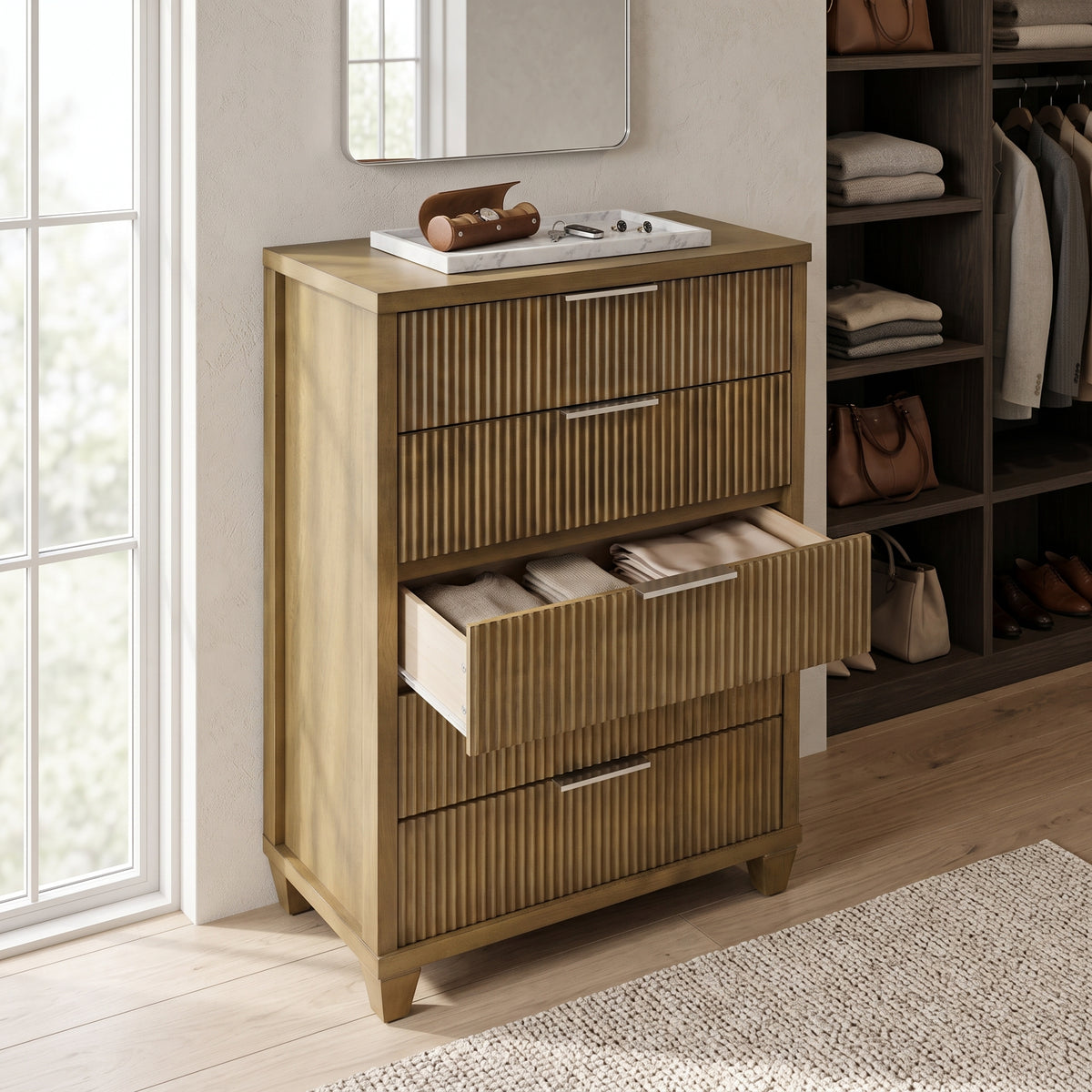 Galano 28.7" W Mid-Century Modern 5 Drawer Chest with Fluted Fronts and Interlocking Drawers