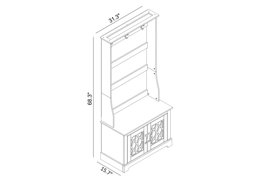 GALANO Hall Tree with Bench and Mirror Door Storage in Knotty Oak 31.3" W x 15.7" D x 68.3" H