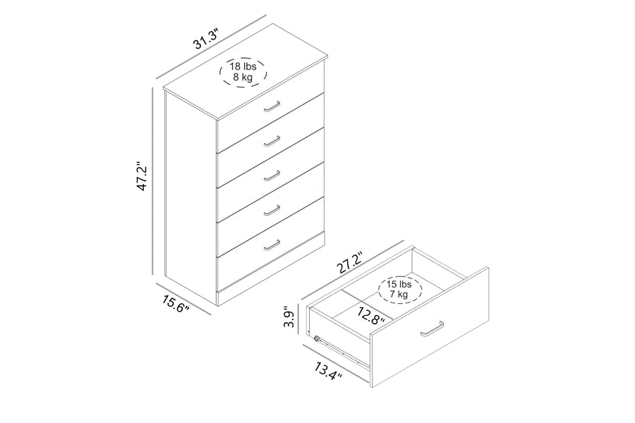 Galano 5-Drawer Dresser with Interlock Safety 31.3" W × 15.6" D × 47.2" H