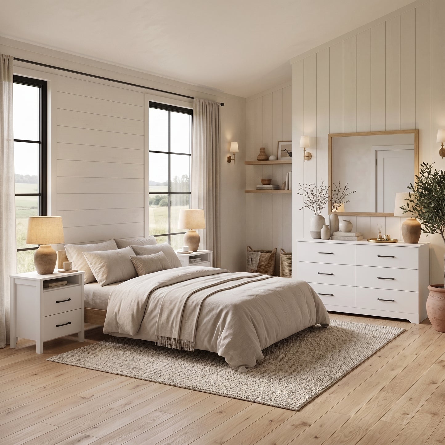 Galano Modern 3-Piece Dresser and Nightstand Set with 6-Drawer Dresser, Interlocking Drawer System and 2 Nightstands, White