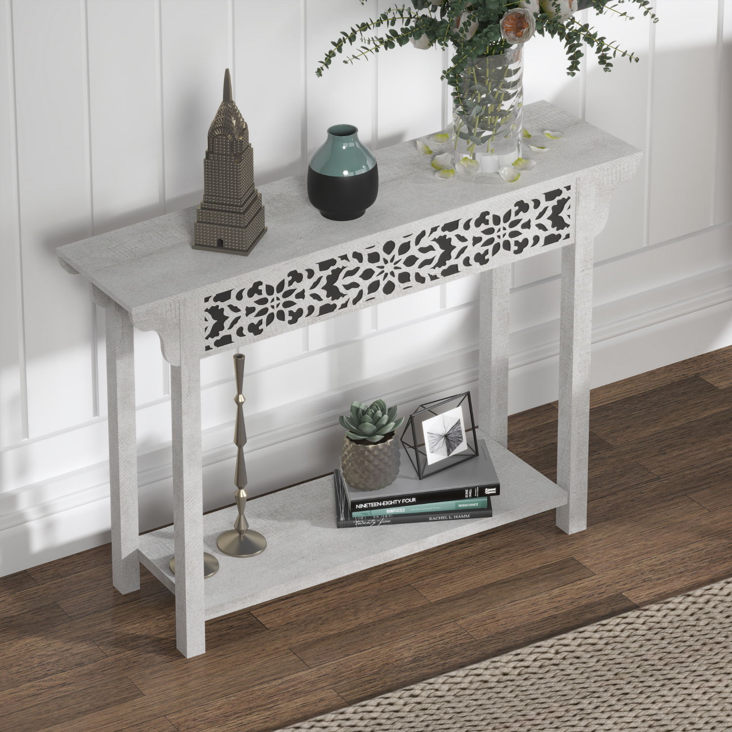 Galano Carved Wood Console Table with Bottom Shelf 43" W × 12" D × 33" H