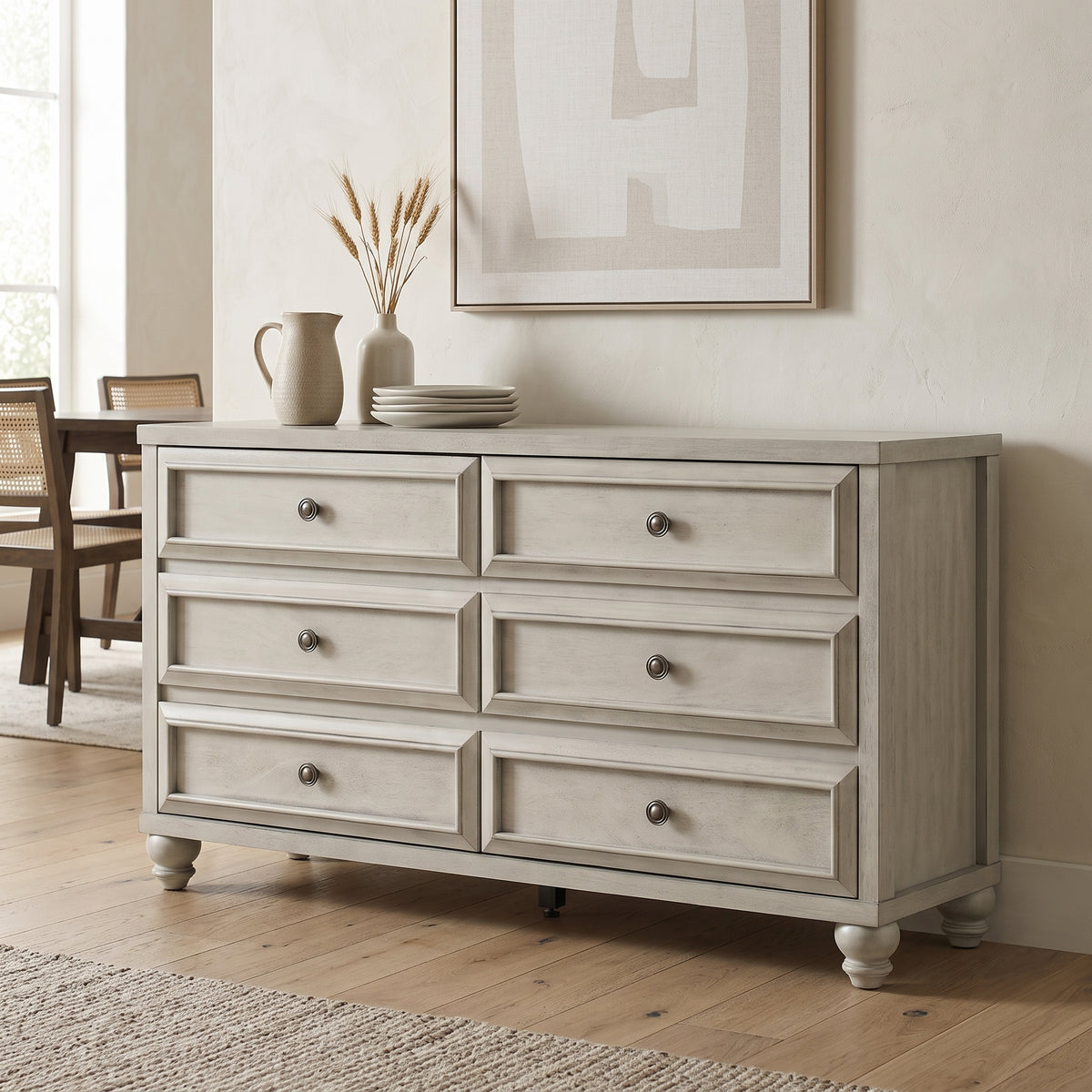Galano 54.8" W Traditional 6 Drawer Double Dresser with Solid Wood Bun Feet and Interlocking Drawers