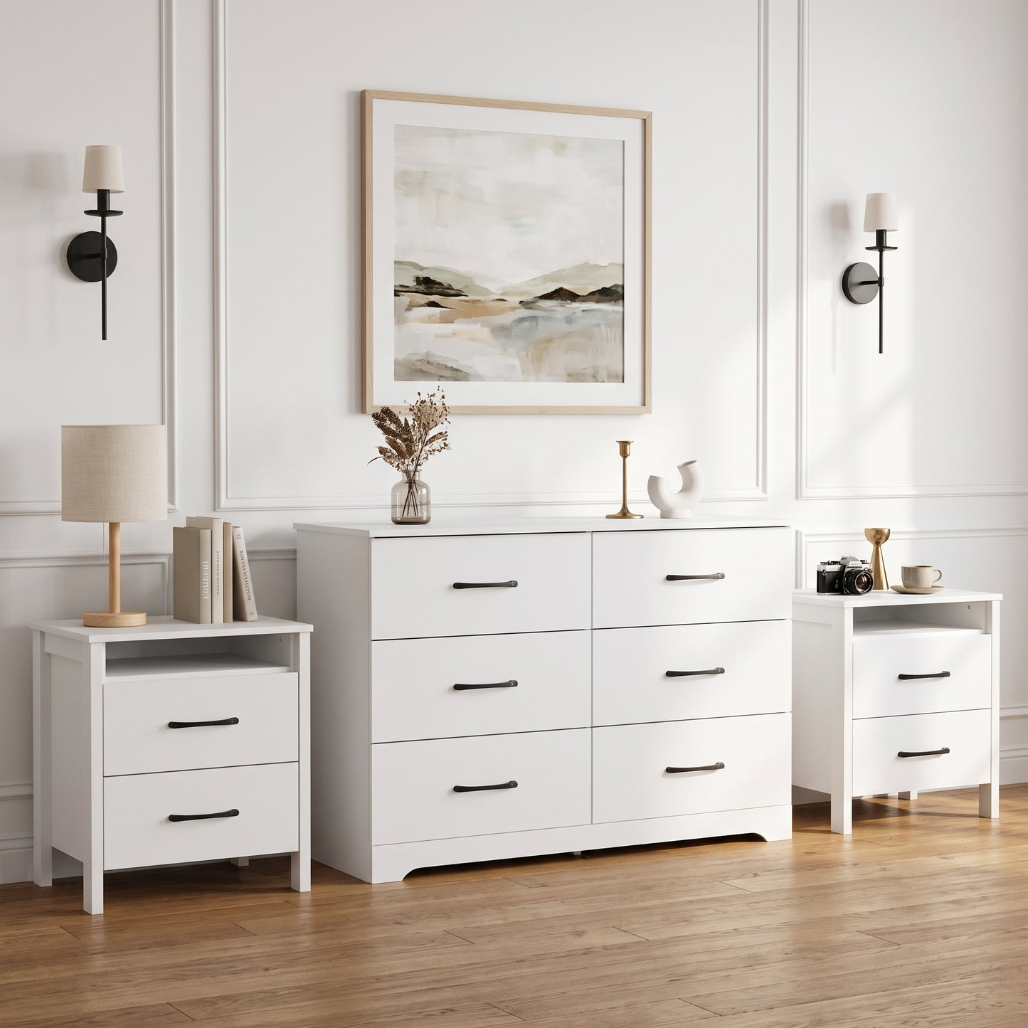 Galano Modern 3-Piece Dresser and Nightstand Set with 6-Drawer Dresser, Interlocking Drawer System and 2 Nightstands, White