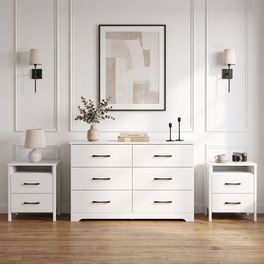 Galano Modern 3-Piece Dresser and Nightstand Set with 6-Drawer Dresser, Interlocking Drawer System and 2 Nightstands, White