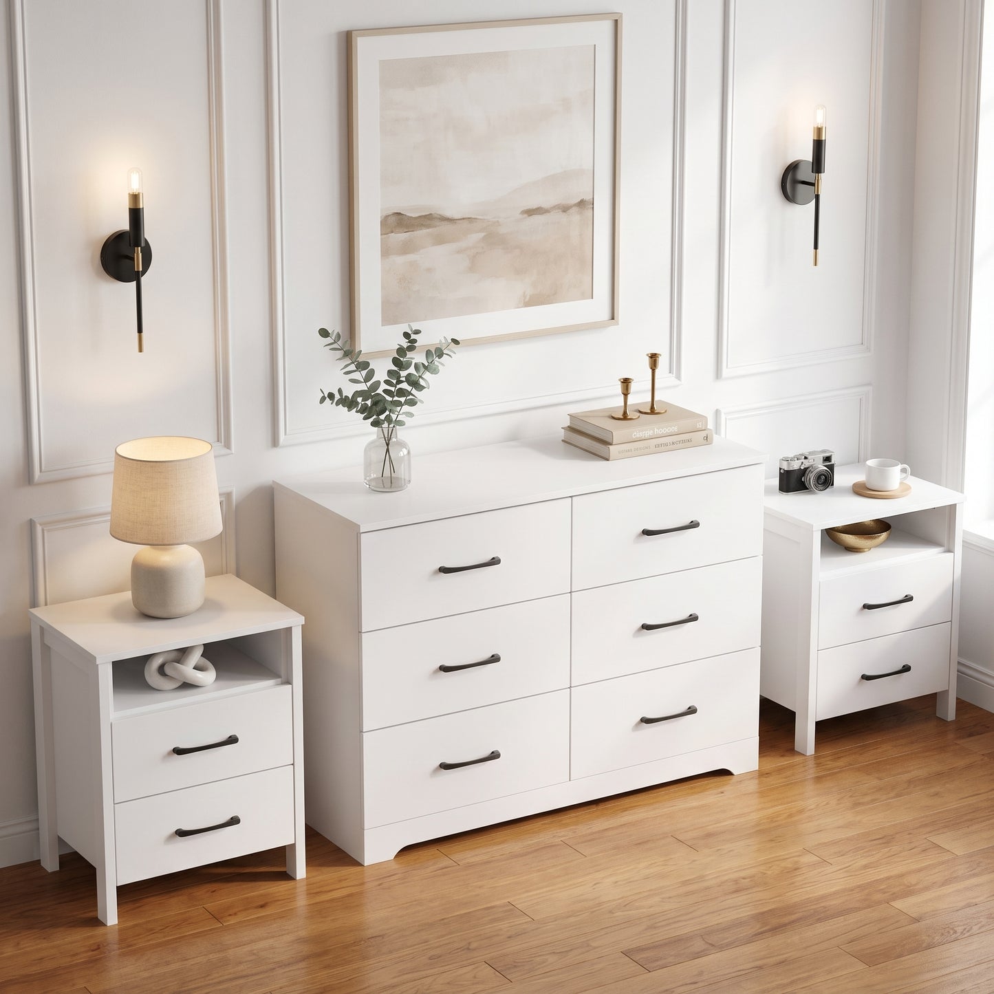 Galano Modern 3-Piece Dresser and Nightstand Set with 6-Drawer Dresser, Interlocking Drawer System and 2 Nightstands, White