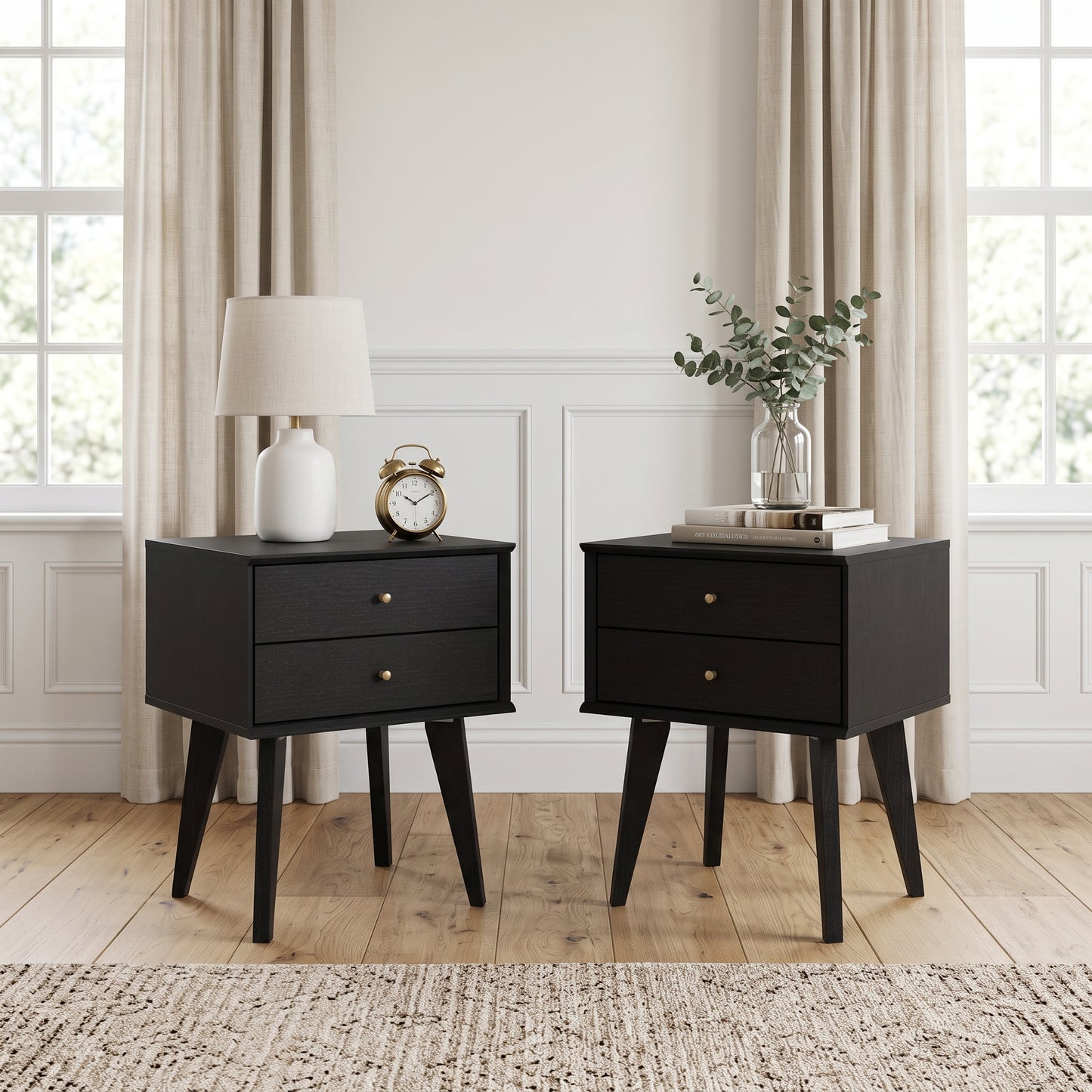 Galano Set of 2 Retro 2-Drawer Nightstands Bedside Tables with Tapered Legs