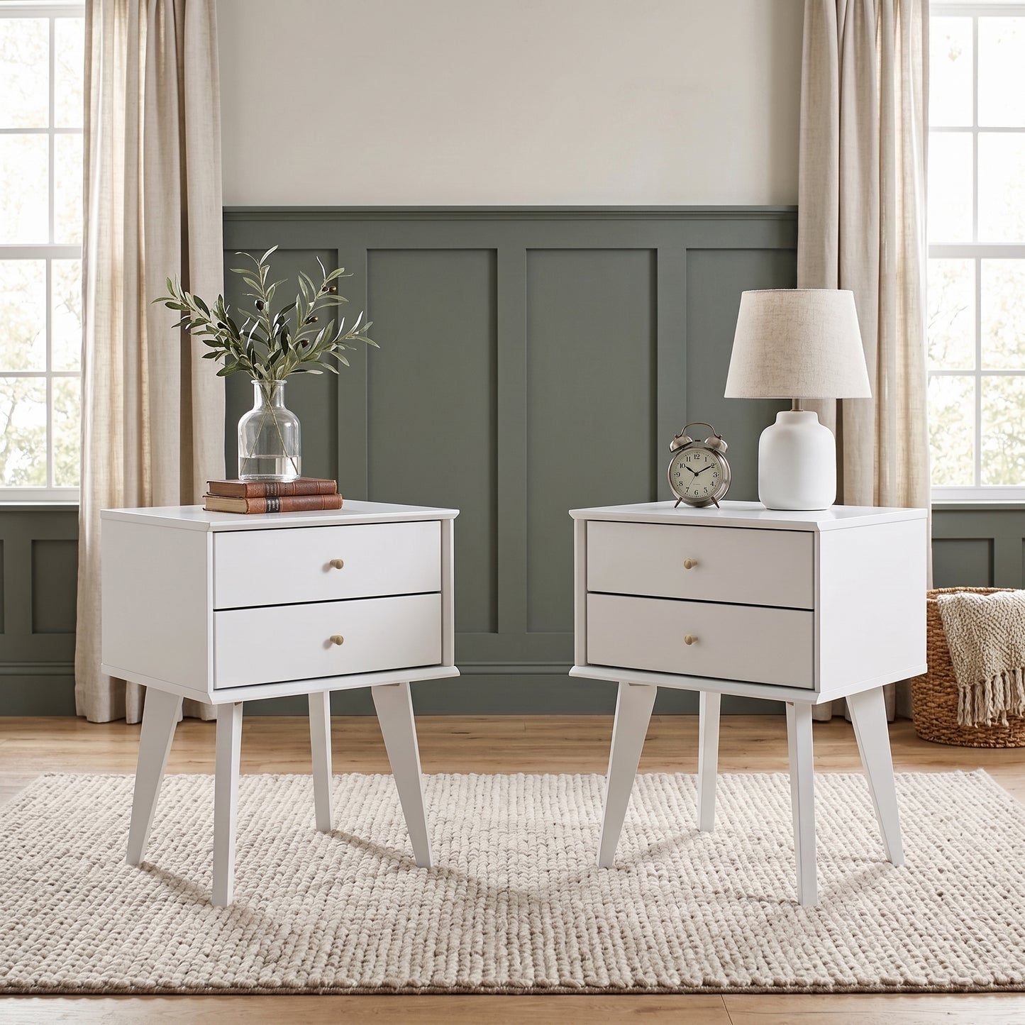 Galano Set of 2 Retro 2-Drawer Nightstands Bedside Tables with Tapered Legs