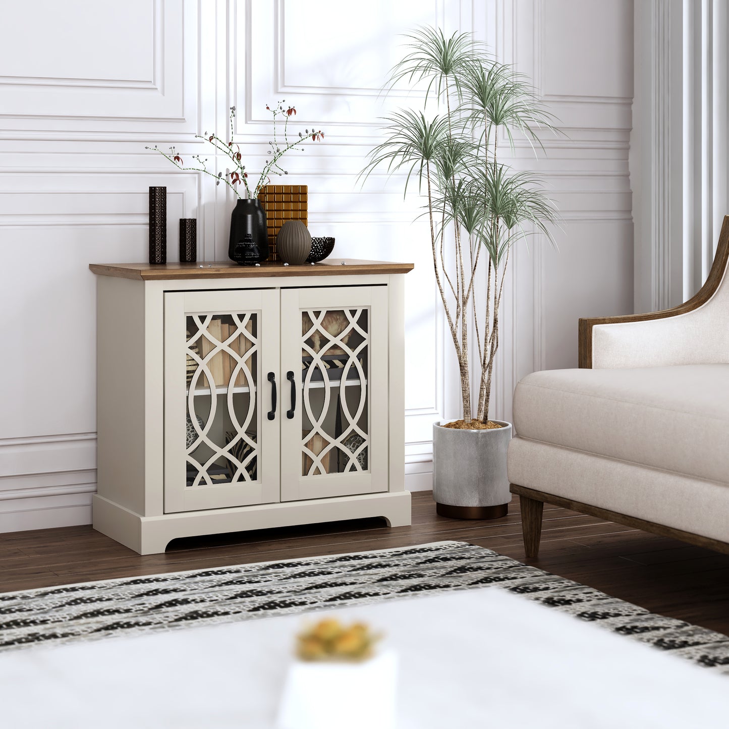 Galano 2-Door Accent Cabinet with Acrylic Panels in Ivory & Knotty Oak 32.4" W x 15.7" D x 29.3" H
