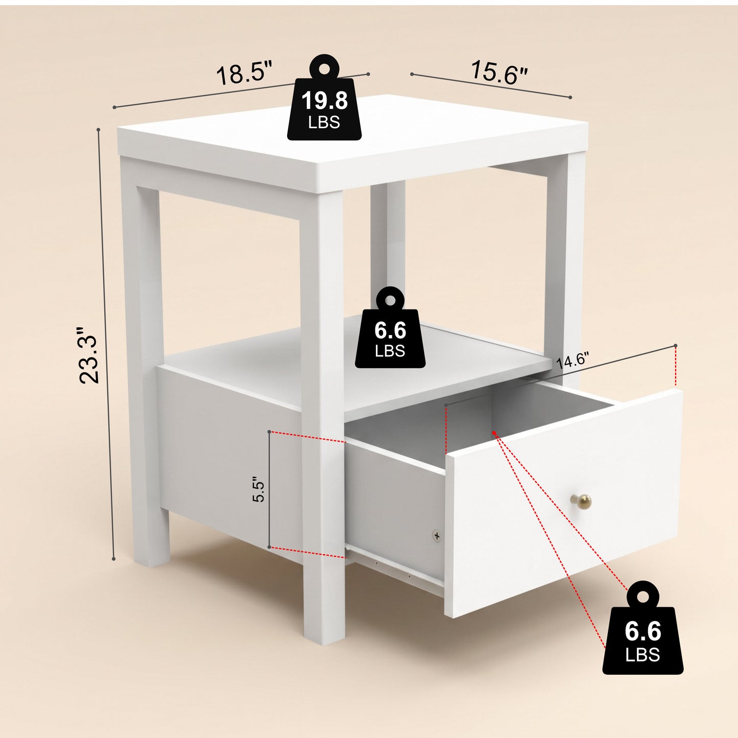 1-Drawer Nightstand with Open Shelf, 1-Piece, White