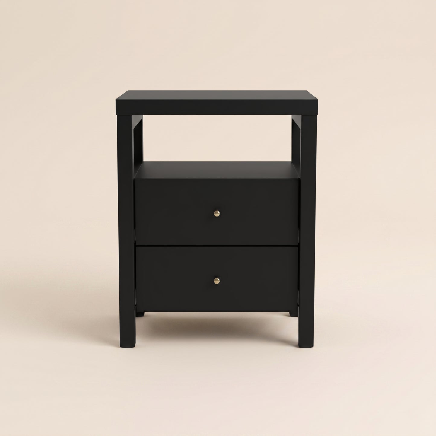 2-Drawer Nightstand with Open Shelf, 1-Piece, Black