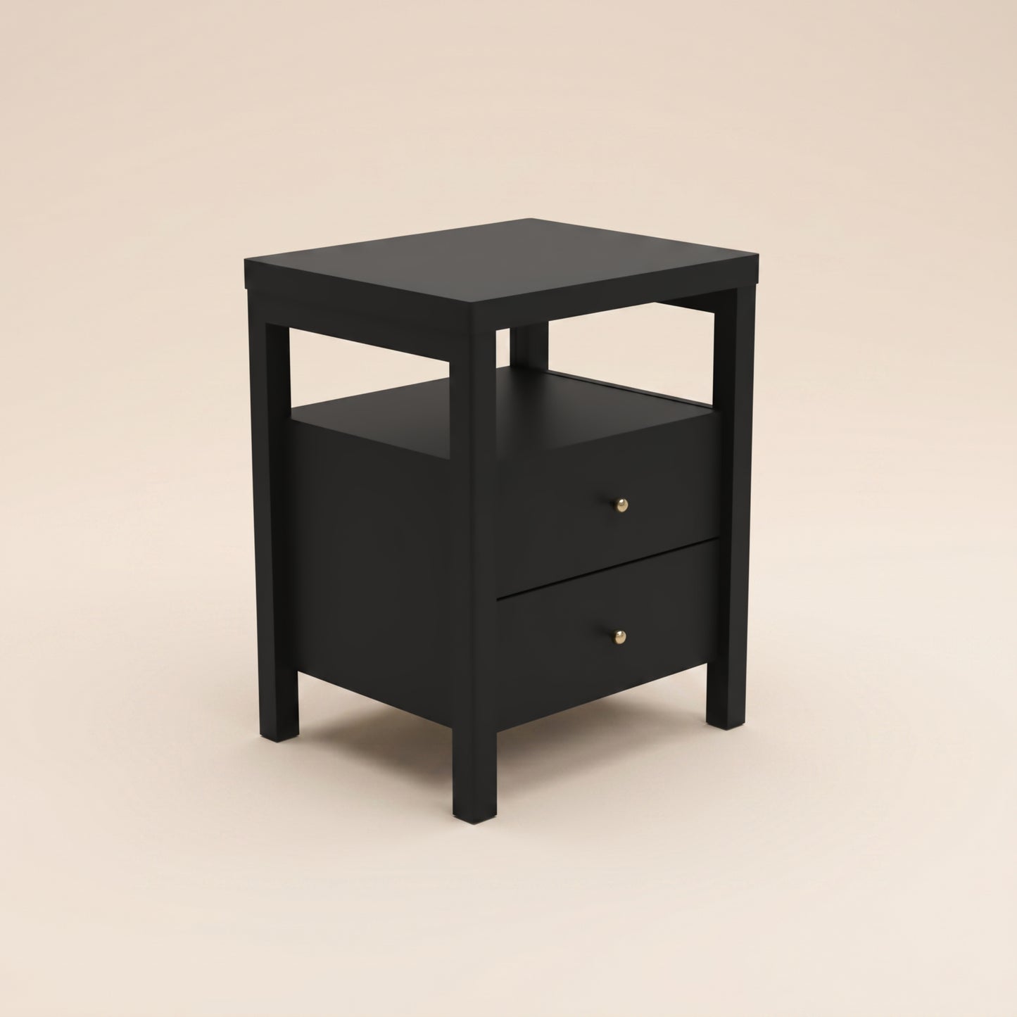 2-Drawer Nightstand with Open Shelf, 1-Piece, Black