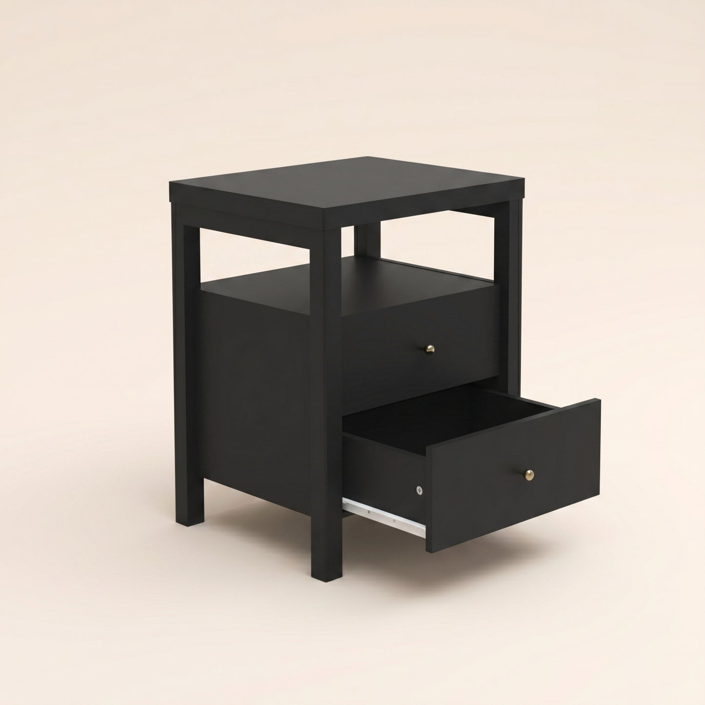 2-Drawer Nightstand with Open Shelf, 1-Piece, Black
