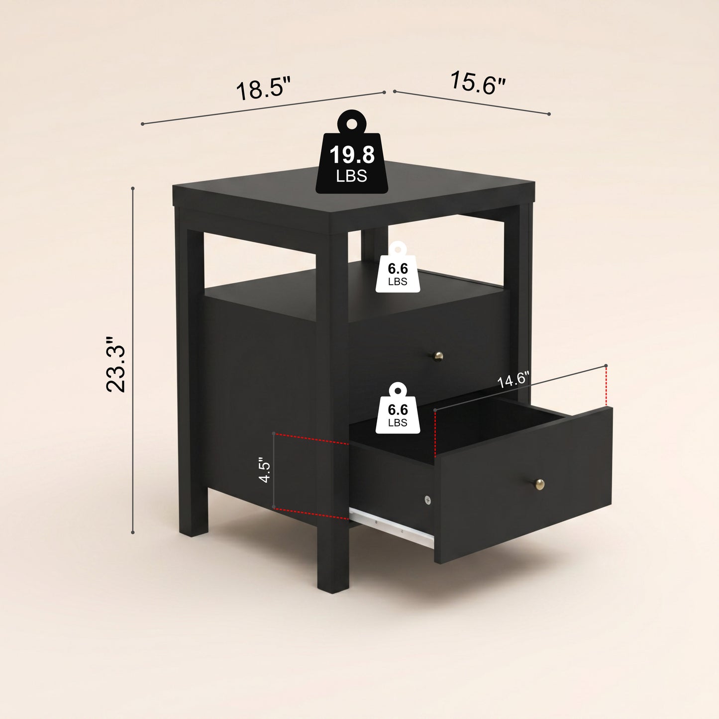 2-Drawer Nightstand with Open Shelf, 1-Piece, Black