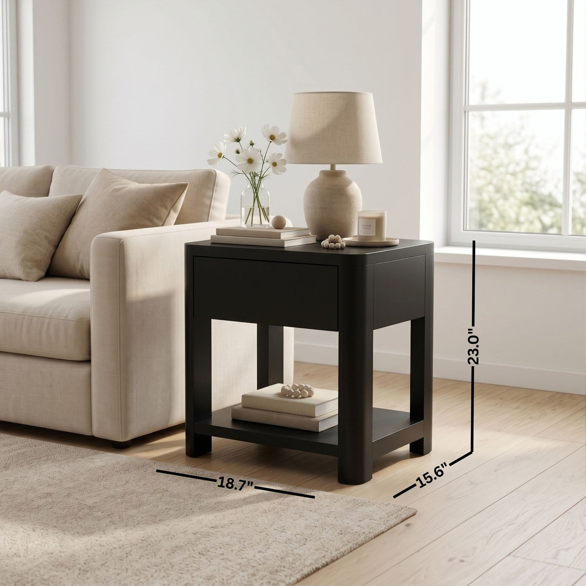 Galano 23" H Modern 1 Drawer Nightstand Bedside Table with Open Storage Shelf - Black