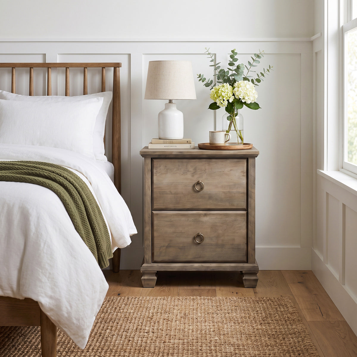 Galano Set of 2 Traditional 2-Drawer Nightstand with Solid Wood Legs and Metal Ring Pulls