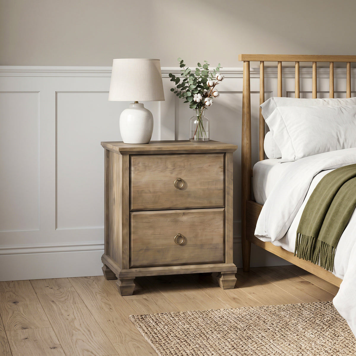 Galano Set of 2 Traditional 2-Drawer Nightstand with Solid Wood Legs and Metal Ring Pulls