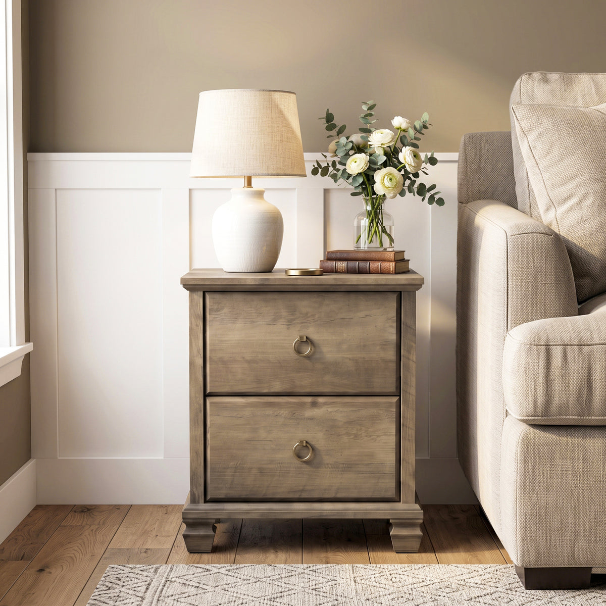 Galano Set of 2 Traditional 2-Drawer Nightstand with Solid Wood Legs and Metal Ring Pulls