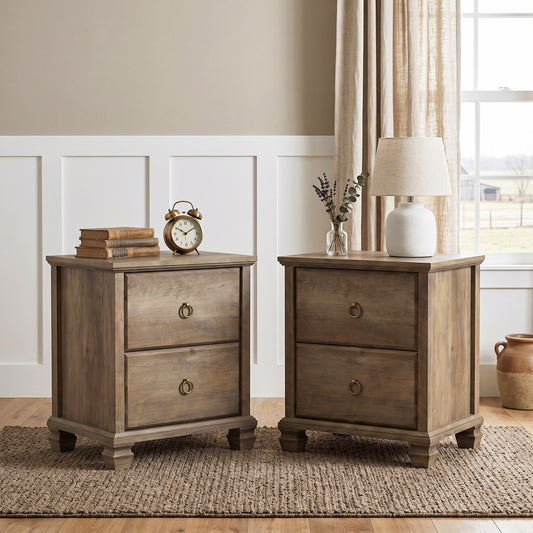 Galano Set of 2 Traditional 2-Drawer Nightstand with Solid Wood Legs and Metal Ring Pulls