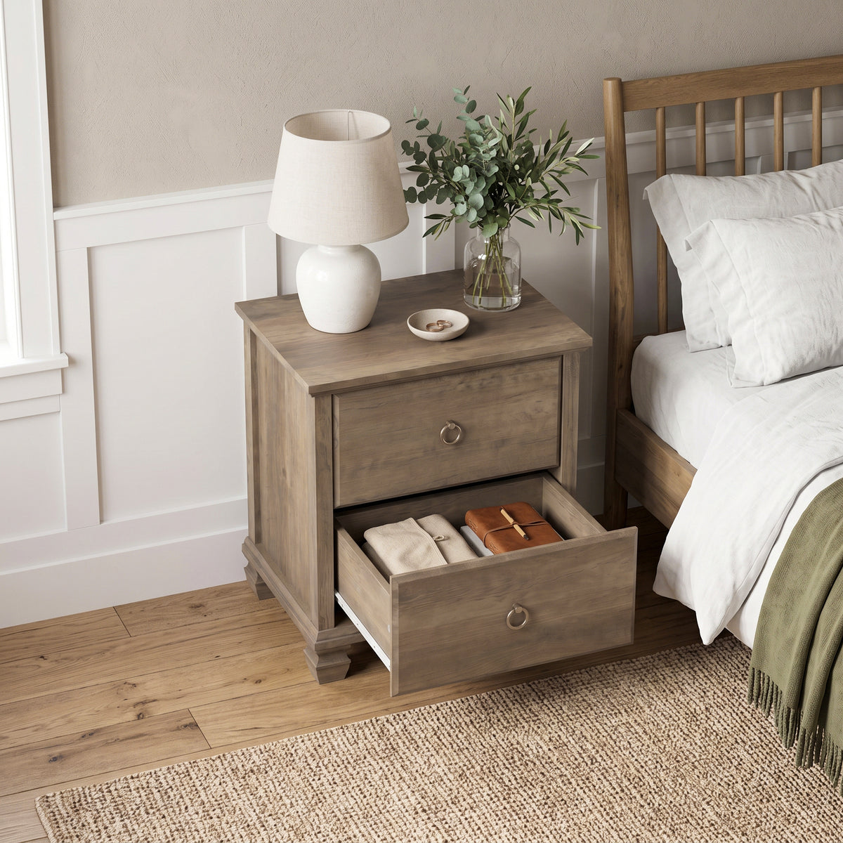 Galano Set of 2 Traditional 2-Drawer Nightstand with Solid Wood Legs and Metal Ring Pulls