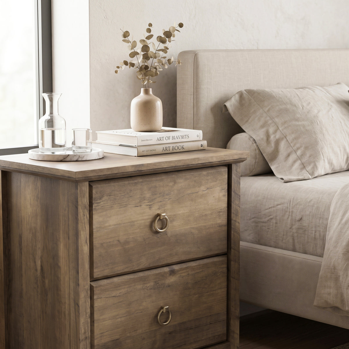 Galano Set of 2 Traditional 2-Drawer Nightstand with Solid Wood Legs and Metal Ring Pulls