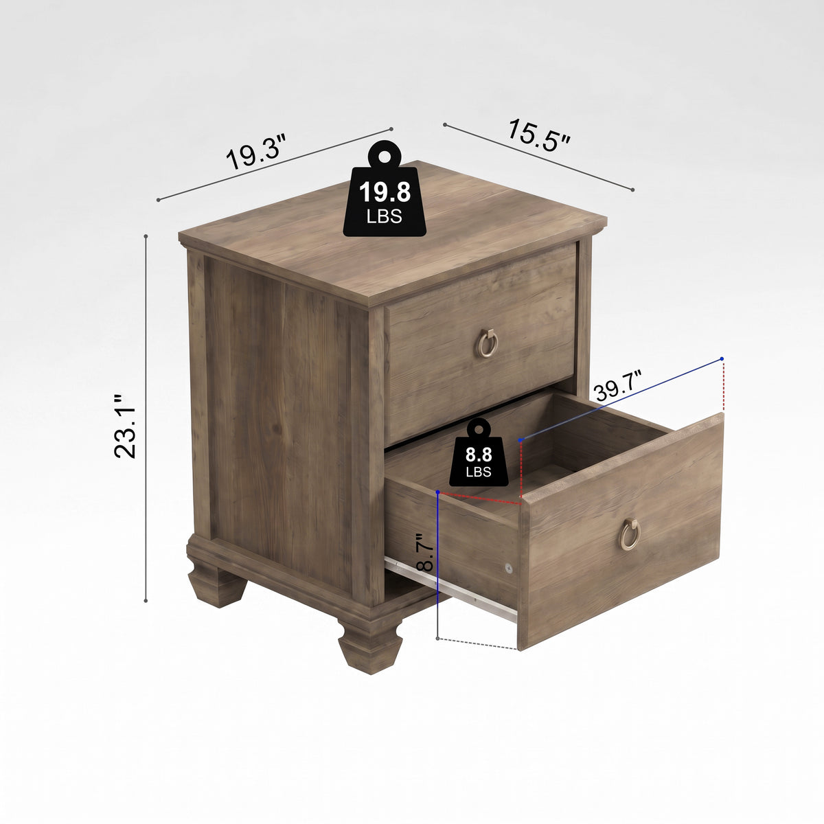 Galano Set of 2 Traditional 2-Drawer Nightstand with Solid Wood Legs and Metal Ring Pulls