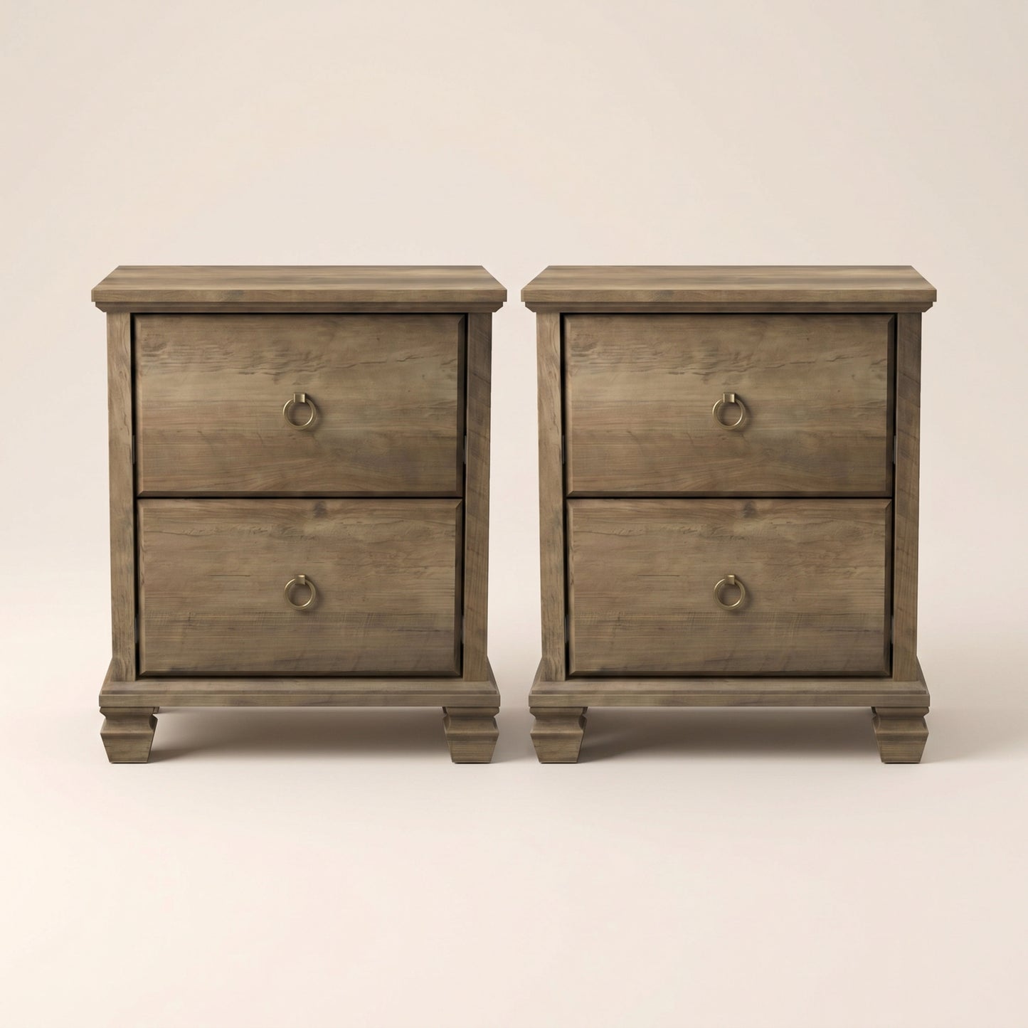 2-Drawer Nightstand Set of 2 with Solid Wood Legs, Brown