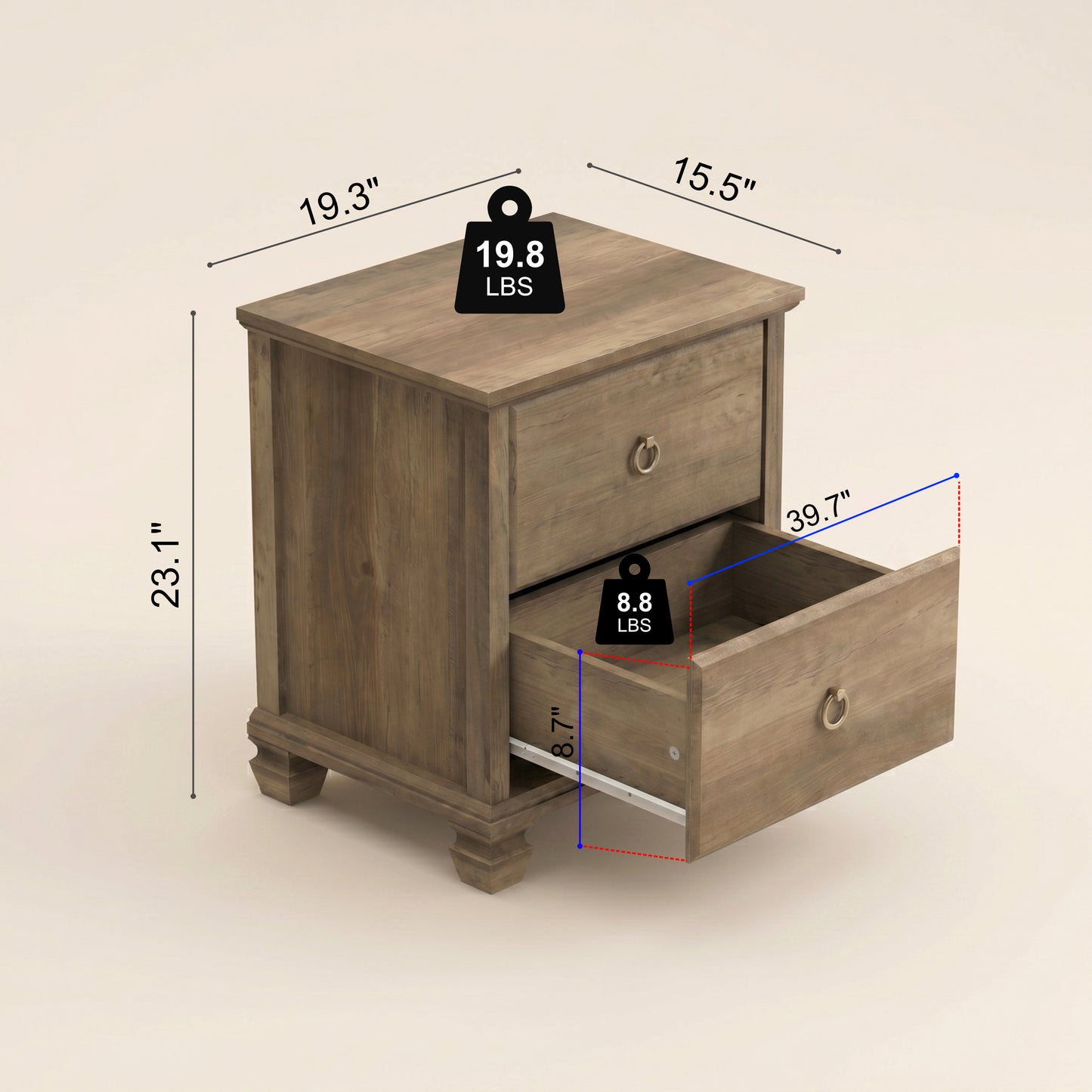 2-Drawer Nightstand Set of 2 with Solid Wood Legs, Brown