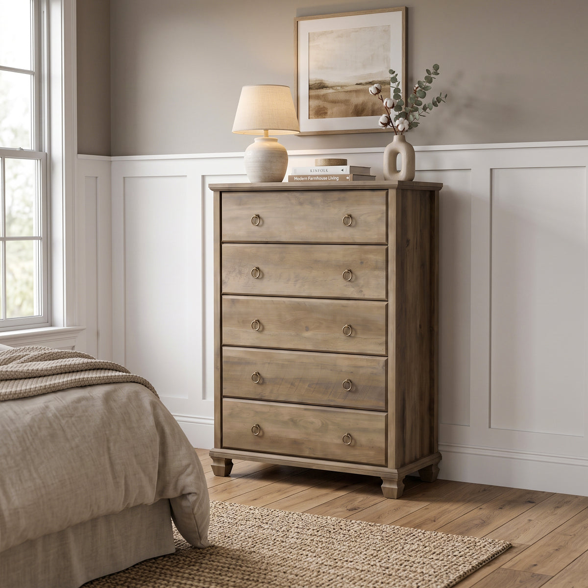 Galano Traditional 31.2" 5-Drawer Chest with Solid Wood Legs, Metal Ring Pulls and Interlocking Drawers