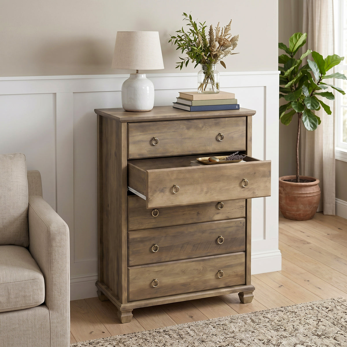 Galano Traditional 31.2" 5-Drawer Chest with Solid Wood Legs, Metal Ring Pulls and Interlocking Drawers