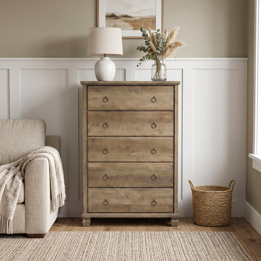 Galano Traditional 31.2" 5-Drawer Chest with Solid Wood Legs, Metal Ring Pulls and Interlocking Drawers