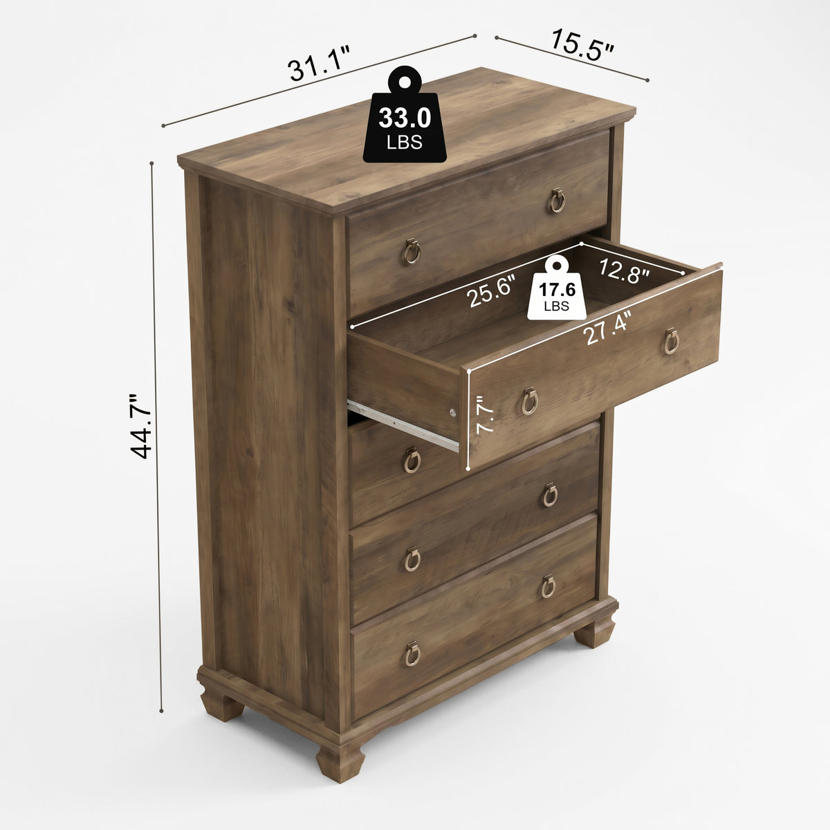 Galano Traditional 31.2" 5-Drawer Chest with Solid Wood Legs, Metal Ring Pulls and Interlocking Drawers