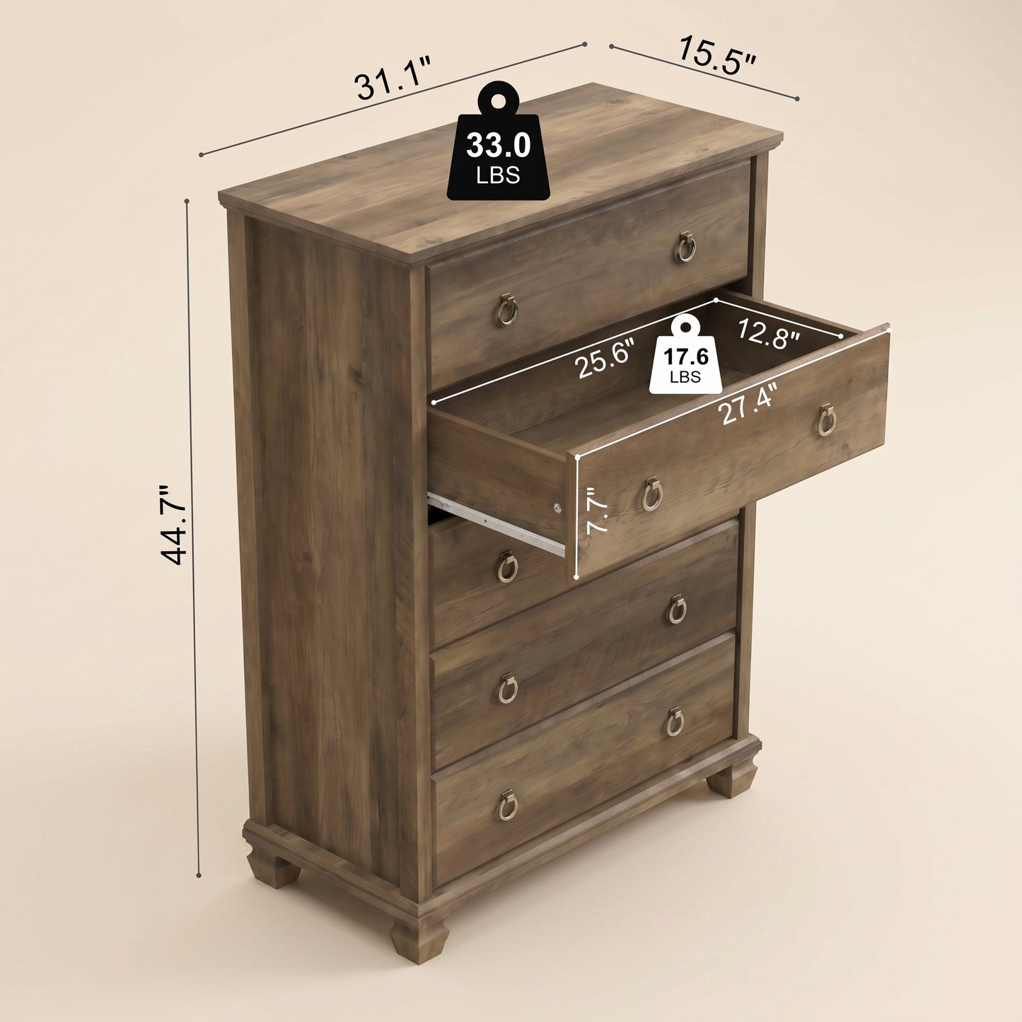 5-Drawer Chest with Drawer Interlock and Solid Wood Legs, Brown